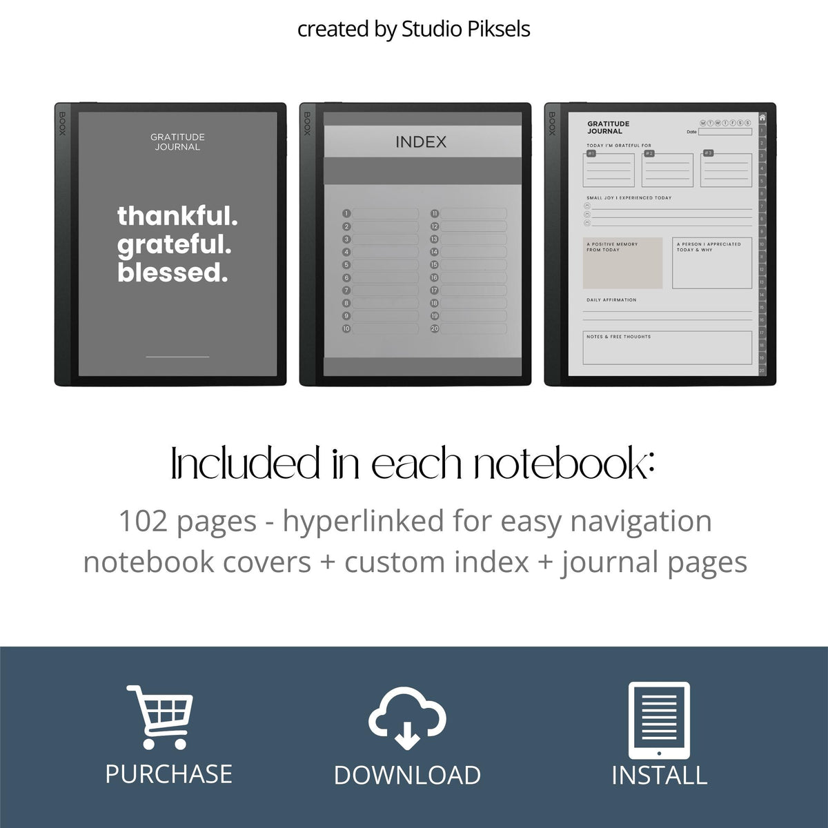 Gratitude Journal Bundle for BOOX with hyperlinked gratitude pages, mindfulness prompts, and grayscale digital reflection journals.