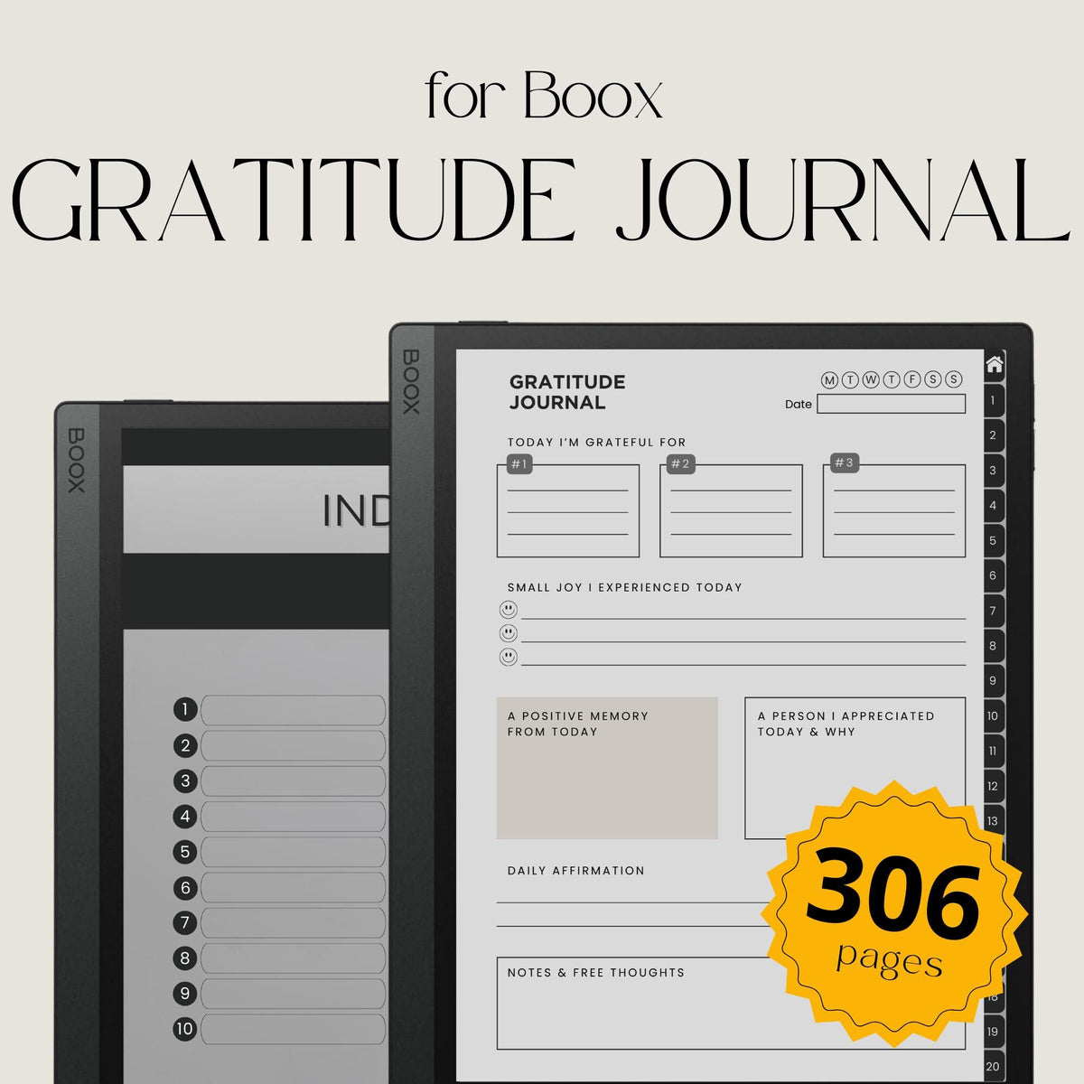 Gratitude Journal Bundle for BOOX with hyperlinked gratitude pages, mindfulness prompts, and grayscale digital reflection journals.