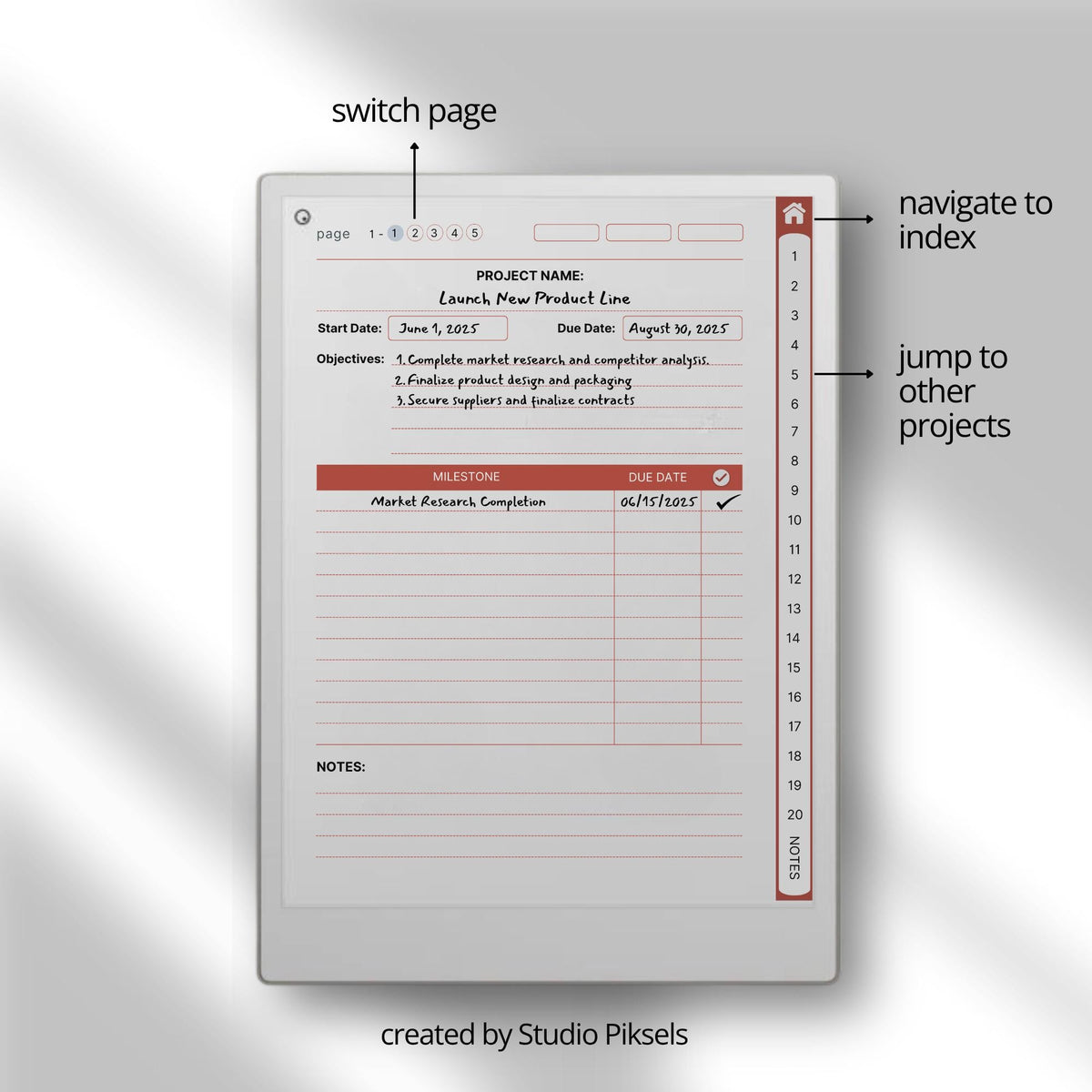 Project Planner for reMarkable Paper Pro with hyperlinked workflow pages, Kanban boards, Eisenhower Matrix layouts, timeline planners, and digital productivity tools.