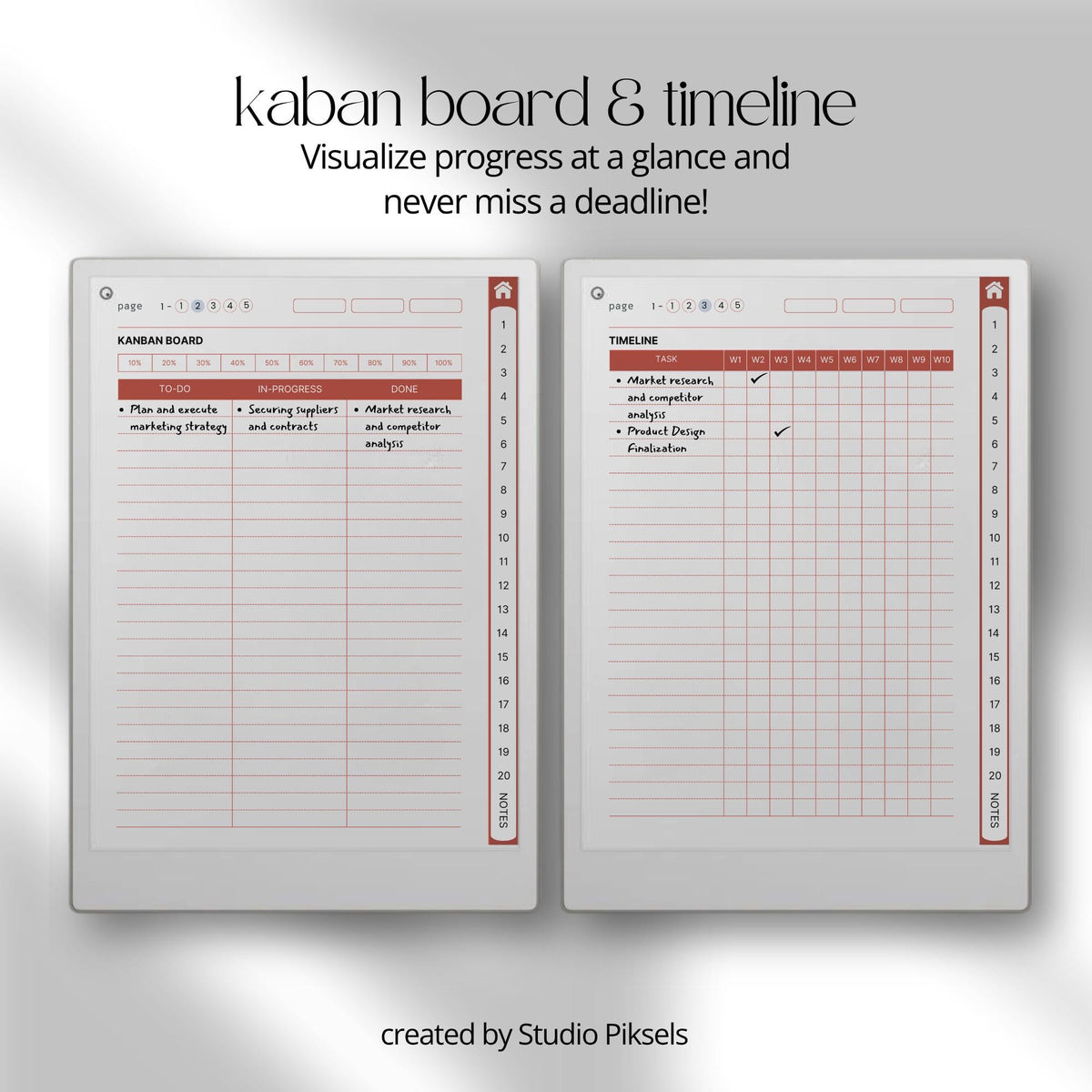 Project Planner for reMarkable Paper Pro with hyperlinked workflow pages, Kanban boards, Eisenhower Matrix layouts, timeline planners, and digital productivity tools.