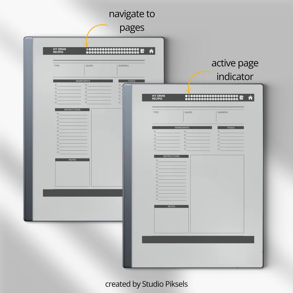 Recipe Book Collection for reMarkable 2 and reMarkable Paper Pure featuring hyperlinked cooking, baking, and drink recipe notebooks with reusable digital recipe templates and minimalist monochrome covers
