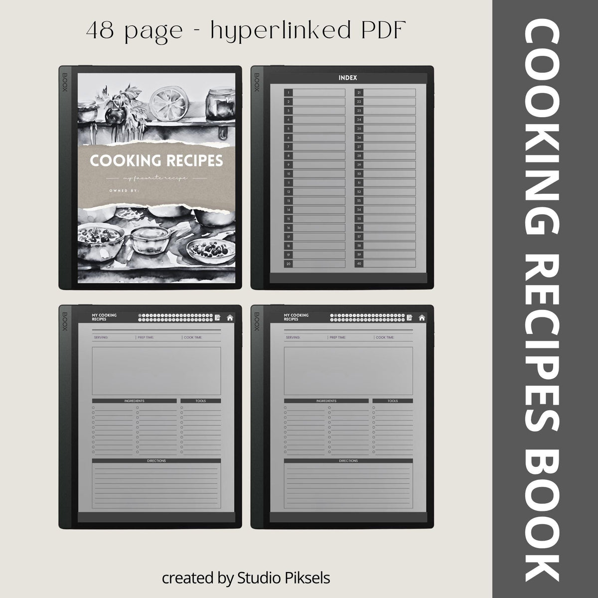 Recipe Book Collection for BOOX tablets with hyperlinked cooking, baking, and drink recipe pages in grayscale digital notebook layouts.