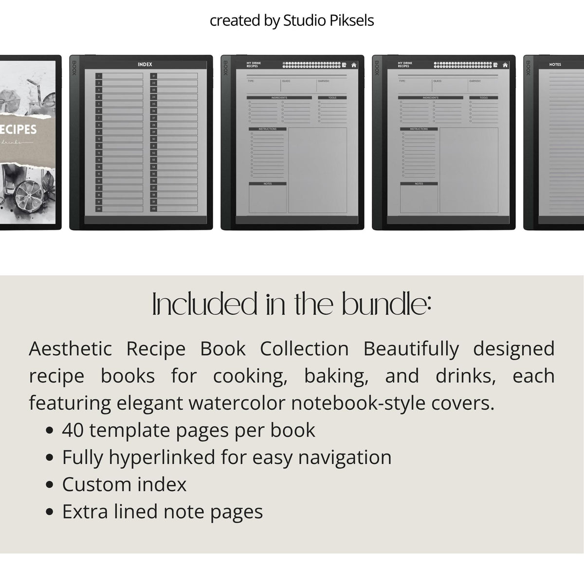 Recipe Book Collection for BOOX tablets with hyperlinked cooking, baking, and drink recipe pages in grayscale digital notebook layouts.