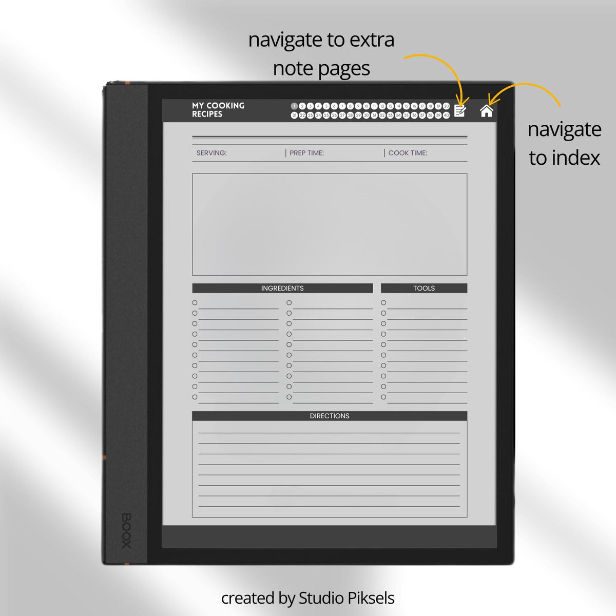 Recipe Book Collection for BOOX tablets with hyperlinked cooking, baking, and drink recipe pages in grayscale digital notebook layouts.