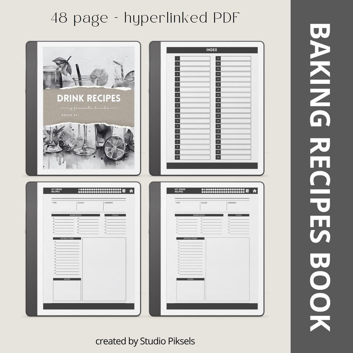 Hyperlinked Recipe Books Collection for Kindle Scribe featuring cooking, baking, and drink recipe templates with organized meal planning pages, recipe trackers, and digital cookbook layouts.