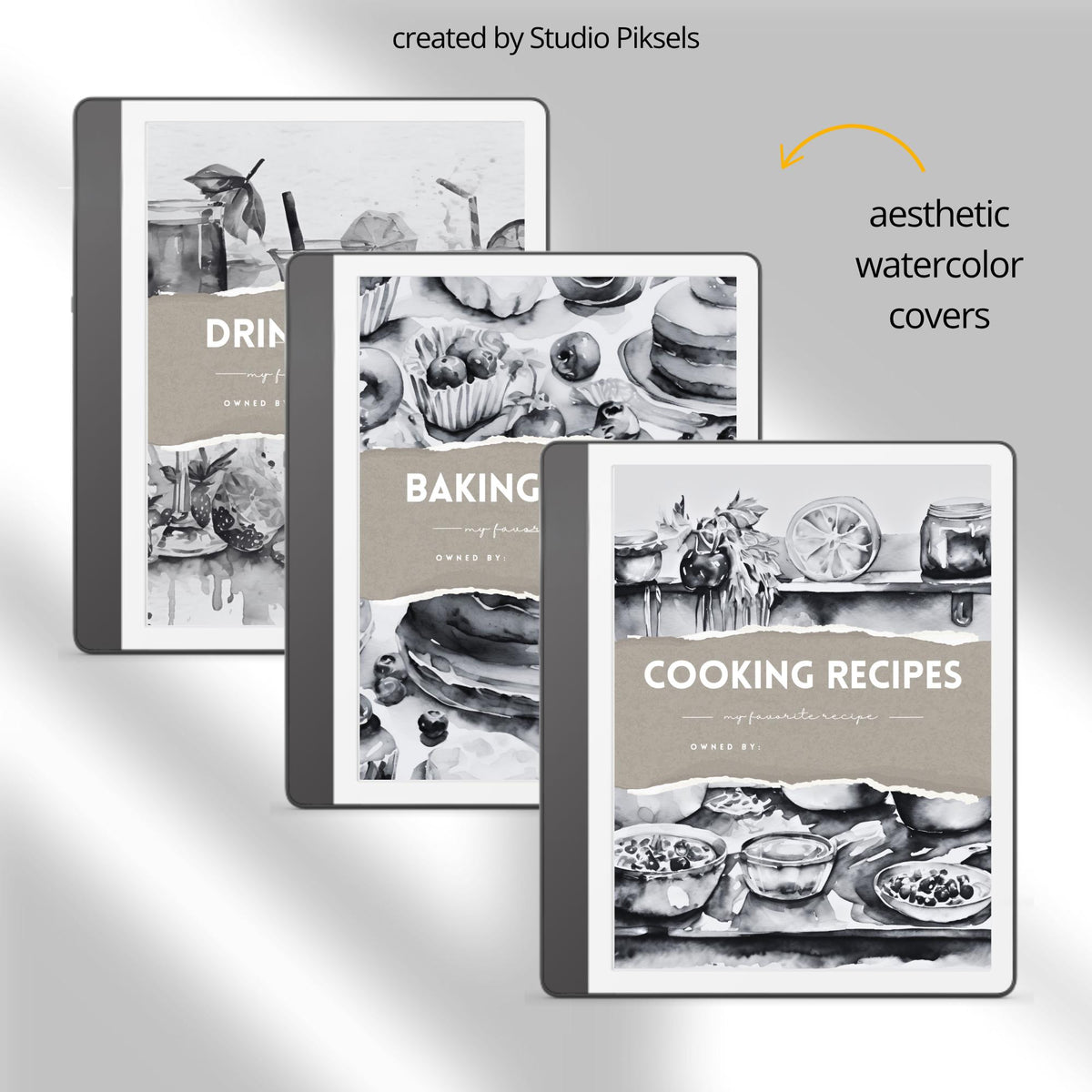 Hyperlinked Recipe Books Collection for Kindle Scribe featuring cooking, baking, and drink recipe templates with organized meal planning pages, recipe trackers, and digital cookbook layouts.