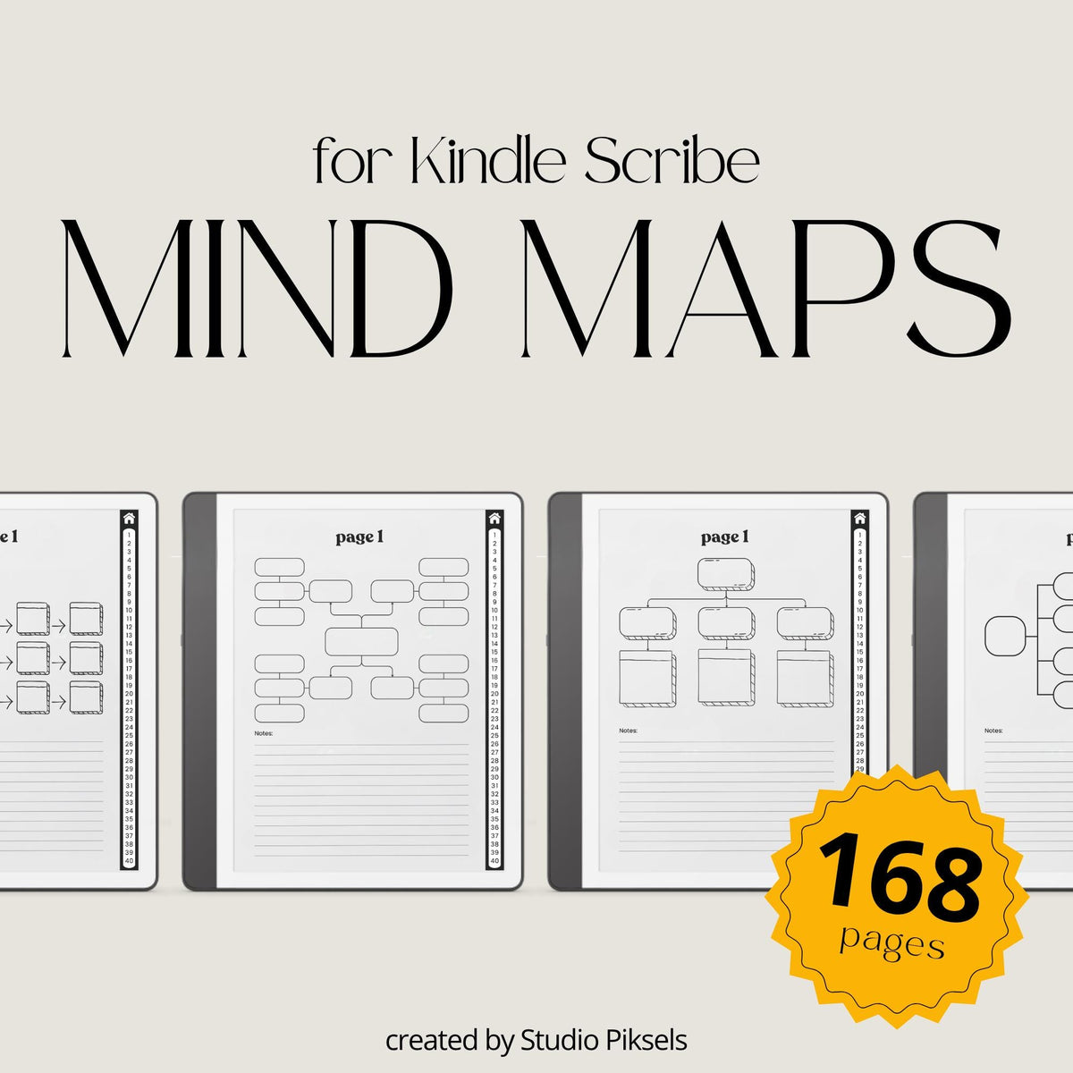 Mind Maps Bundle for Kindle Scribe with hyperlinked brainstorming notebooks, visual planning templates, and grayscale mind mapping layouts.
