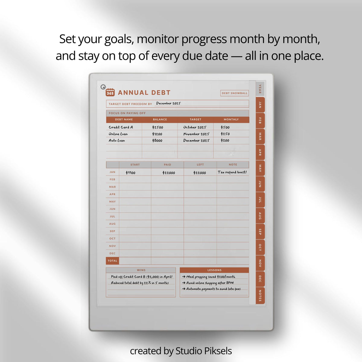 Debt Tracker for reMarkable Paper Pro structured digital finance planner with hyperlinked pages for tracking debt payments, balances, and progress. Includes budget planning layouts, debt snowball tracker, and organized sections for financial management and repayment planning.