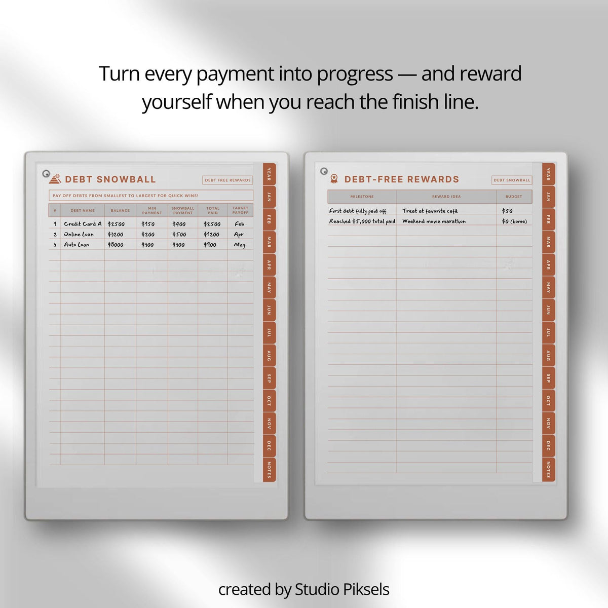 Debt Tracker for reMarkable Paper Pro structured digital finance planner with hyperlinked pages for tracking debt payments, balances, and progress. Includes budget planning layouts, debt snowball tracker, and organized sections for financial management and repayment planning.