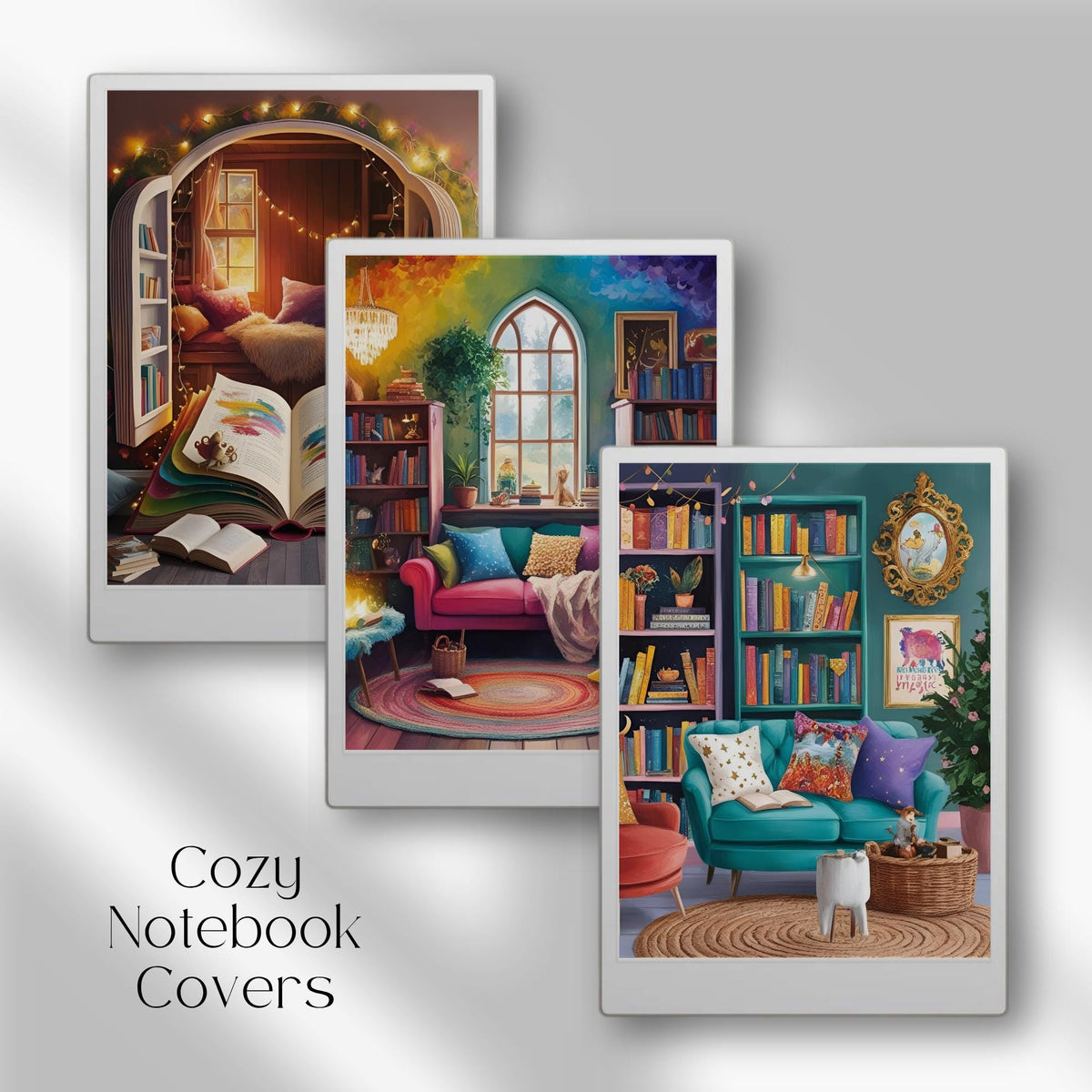 Cozy notebook cover bundle for the reMarkable Paper Pro featuring 12 bookish and library digital covers, illustration art, and file organization layouts.