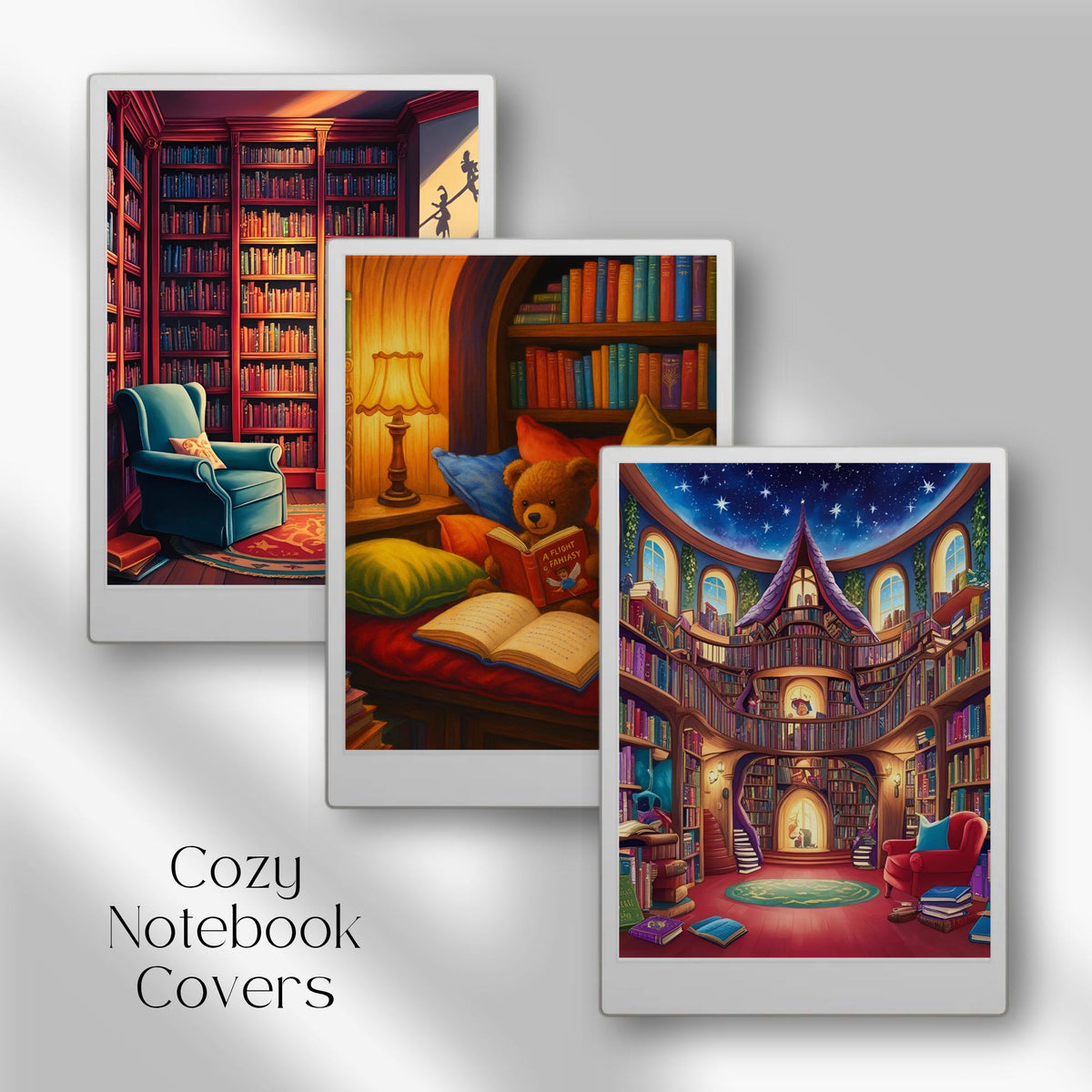Cozy notebook cover bundle for the reMarkable Paper Pro featuring 12 bookish and library digital covers, illustration art, and file organization layouts.