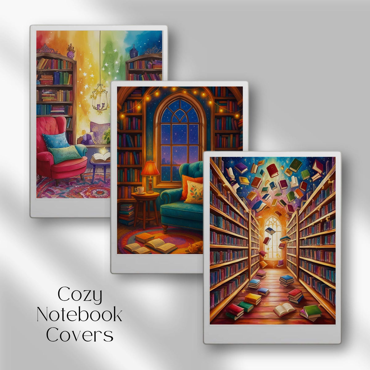 Cozy notebook cover bundle for the reMarkable Paper Pro featuring 12 bookish and library digital covers, illustration art, and file organization layouts.