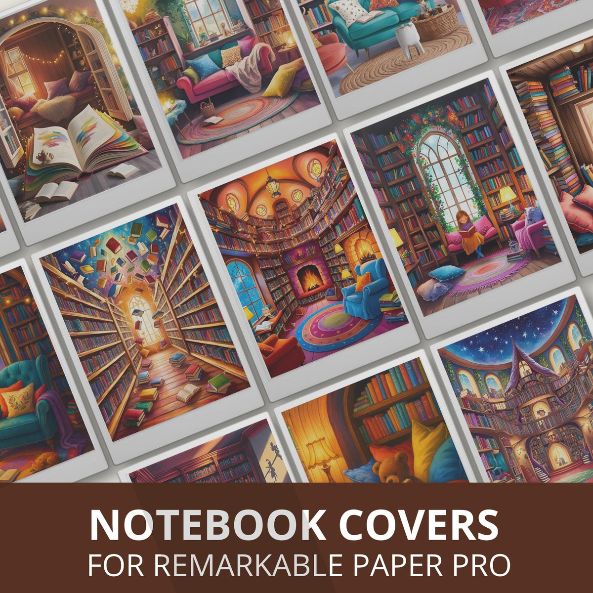 Cozy notebook cover bundle for the reMarkable Paper Pro featuring 12 bookish and library digital covers, illustration art, and file organization layouts.