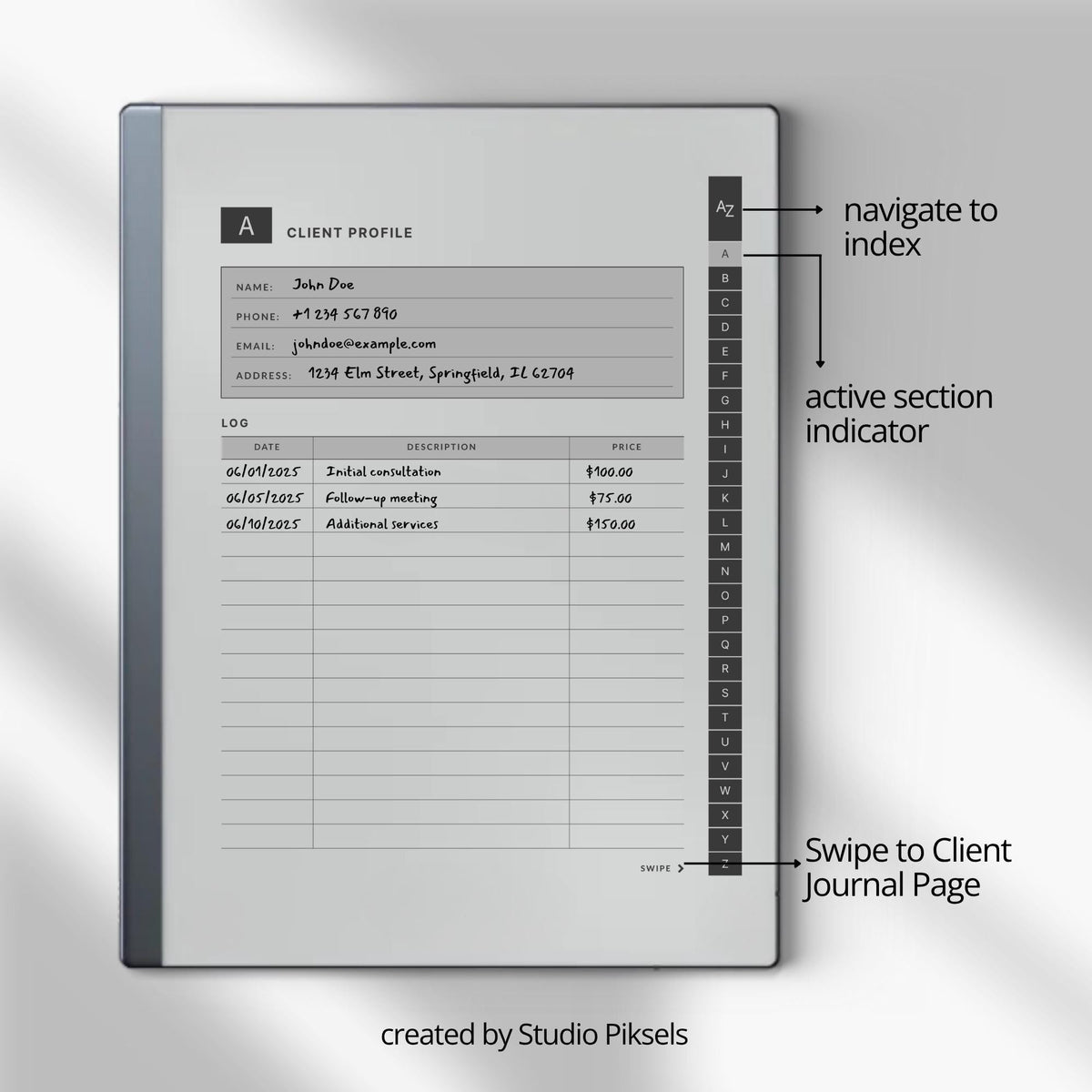 Client Record Book Bundle for reMarkable 2 and reMarkable Paper Pure featuring hyperlinked A–Z client tracking notebooks with reusable profile pages and minimalist grayscale layouts