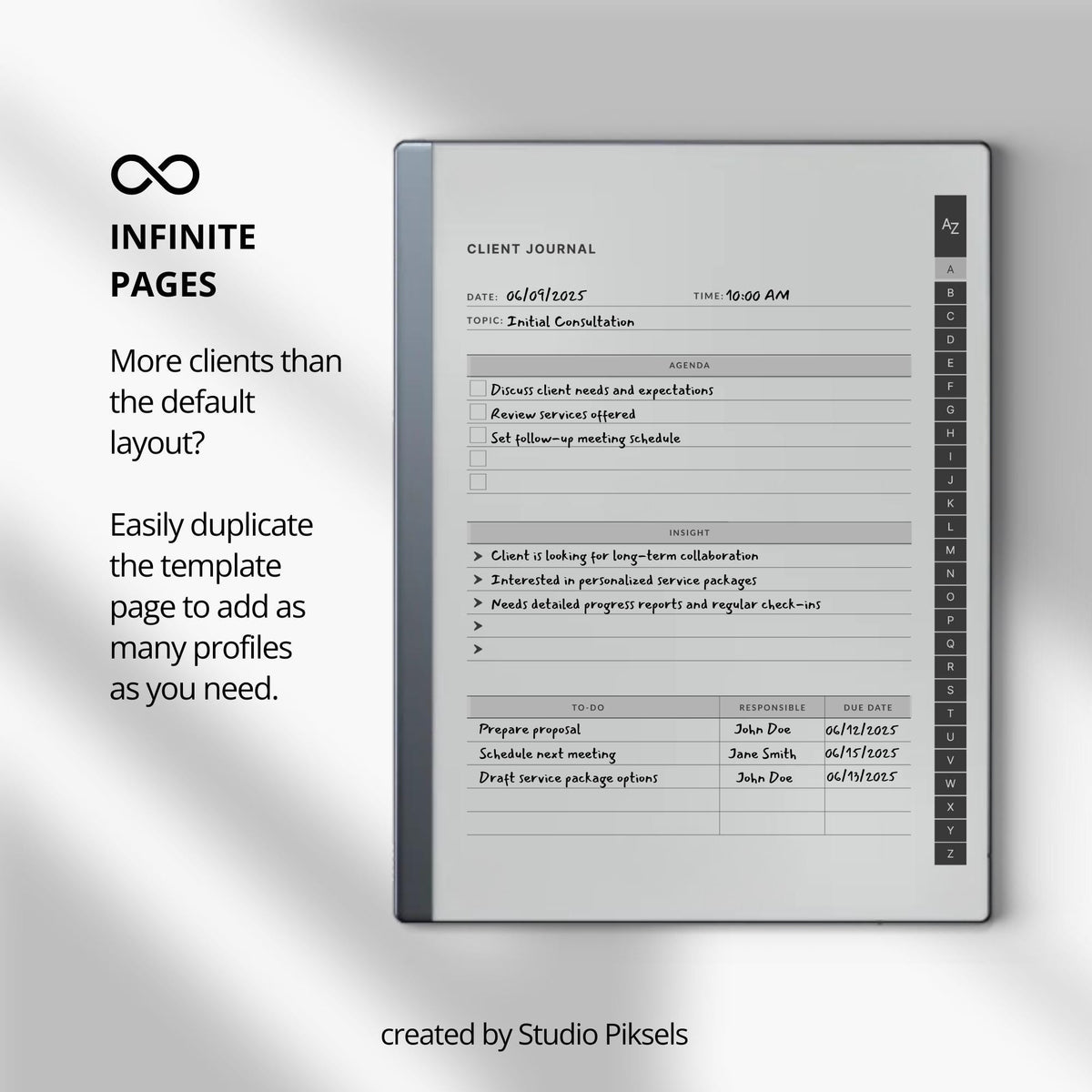 Client Record Book Bundle for reMarkable 2 and reMarkable Paper Pure featuring hyperlinked A–Z client tracking notebooks with reusable profile pages and minimalist grayscale layouts