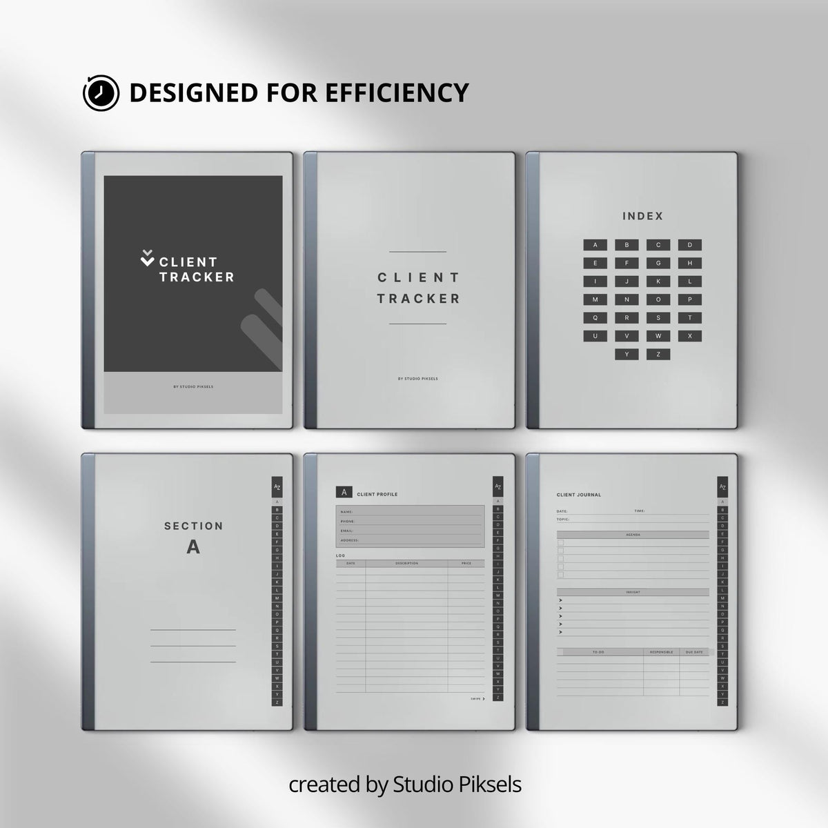 Client Record Book Bundle for reMarkable 2 and reMarkable Paper Pure featuring hyperlinked A–Z client tracking notebooks with reusable profile pages and minimalist grayscale layouts