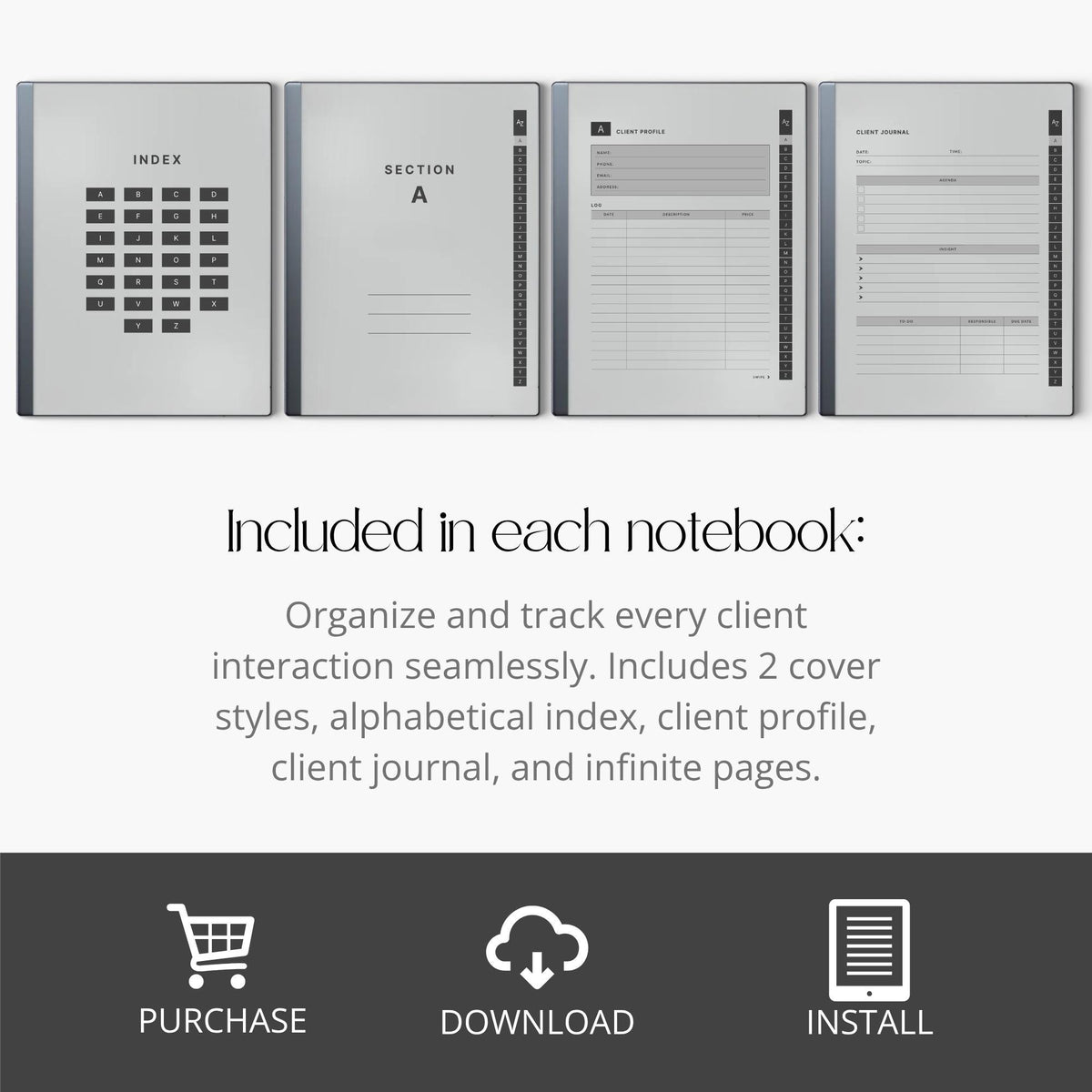 Client Record Book Bundle for reMarkable 2 and reMarkable Paper Pure featuring hyperlinked A–Z client tracking notebooks with reusable profile pages and minimalist grayscale layouts