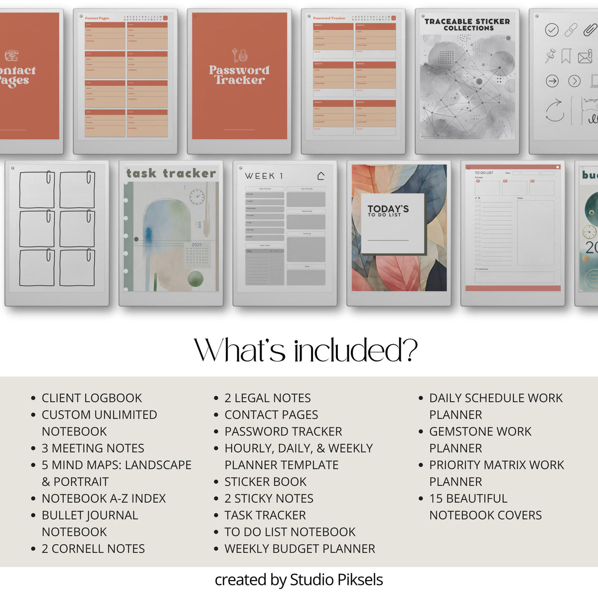 Business productivity bundle for reMarkable Paper Pro with hyperlinked planners, workflow templates, client logbook, meeting notes, task trackers, budget planner, mind map layouts, and digital business organization system designed for structured planning and efficient workflow management.