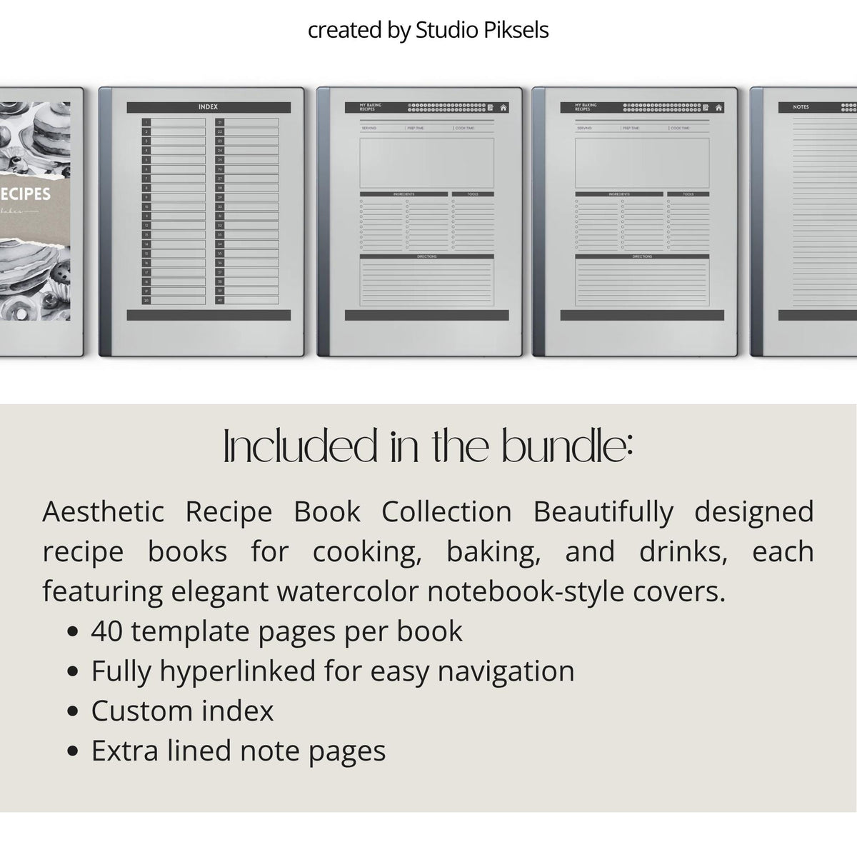 Recipe Book Collection for reMarkable 2 and reMarkable Paper Pure featuring hyperlinked cooking, baking, and drink recipe notebooks with reusable digital recipe templates and minimalist monochrome covers