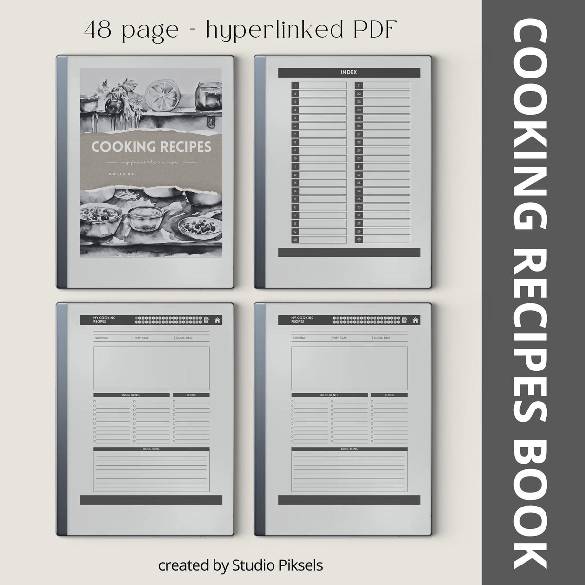 Recipe Book Collection for reMarkable 2 and reMarkable Paper Pure featuring hyperlinked cooking, baking, and drink recipe notebooks with reusable digital recipe templates and minimalist monochrome covers