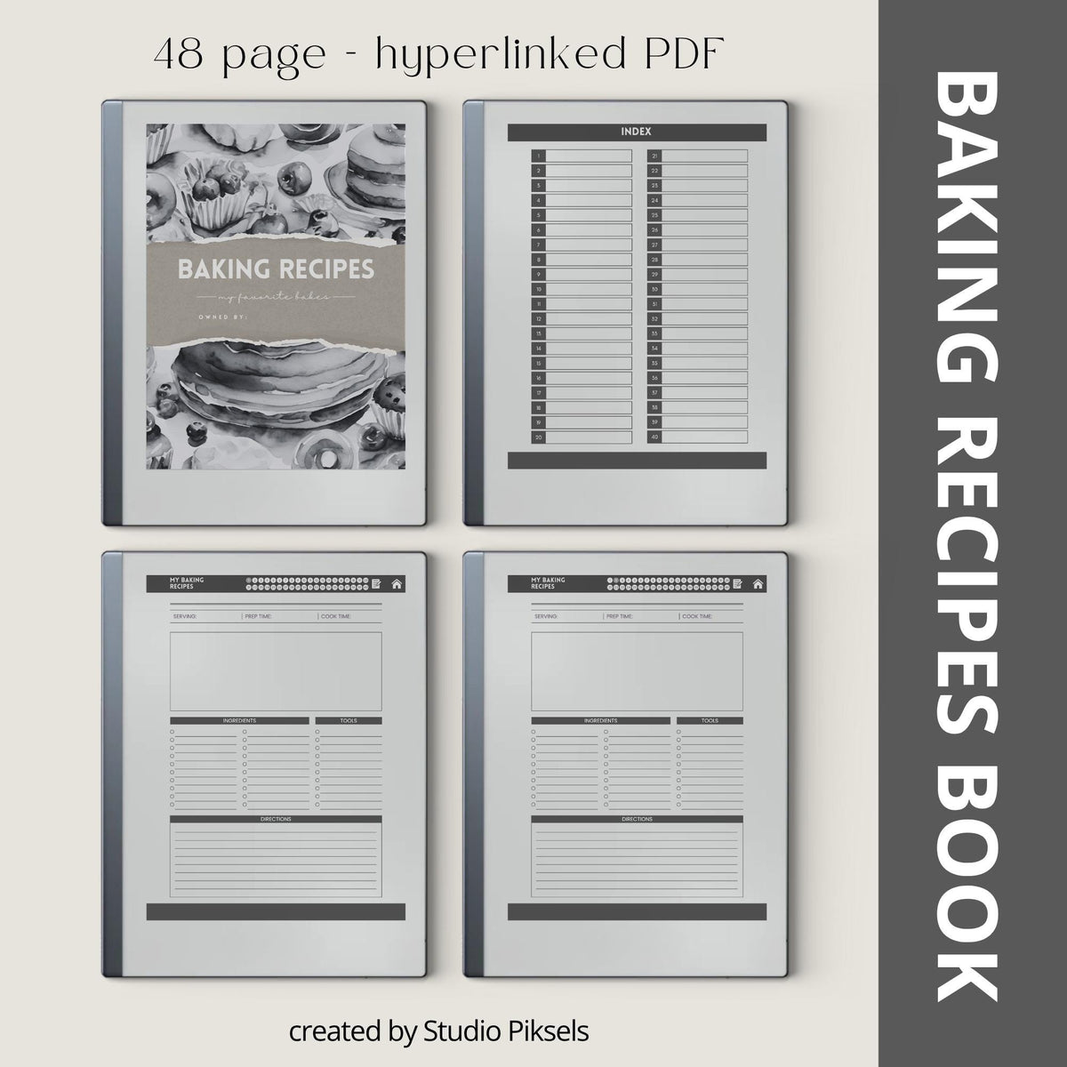 Recipe Book Collection for reMarkable 2 and reMarkable Paper Pure featuring hyperlinked cooking, baking, and drink recipe notebooks with reusable digital recipe templates and minimalist monochrome covers
