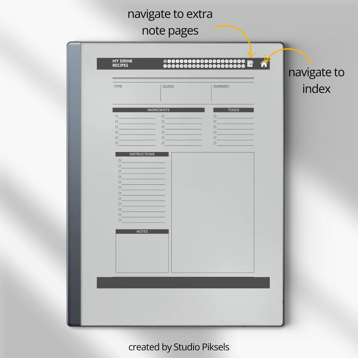 Recipe Book Collection for reMarkable 2 and reMarkable Paper Pure featuring hyperlinked cooking, baking, and drink recipe notebooks with reusable digital recipe templates and minimalist monochrome covers