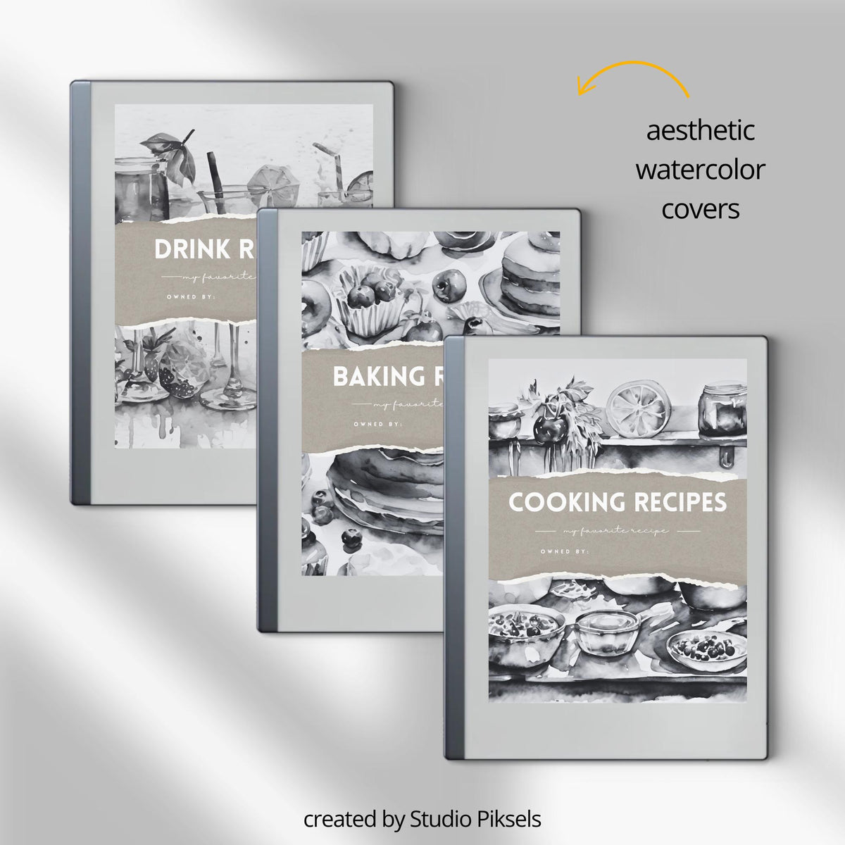 Recipe Book Collection for reMarkable 2 and reMarkable Paper Pure featuring hyperlinked cooking, baking, and drink recipe notebooks with reusable digital recipe templates and minimalist monochrome covers