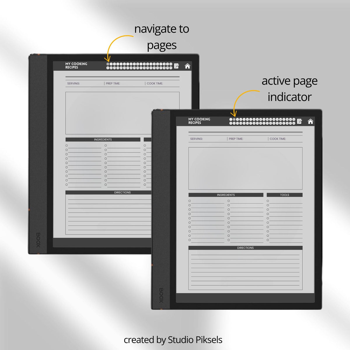 Recipe Book Collection for BOOX tablets with hyperlinked cooking, baking, and drink recipe pages in grayscale digital notebook layouts.
