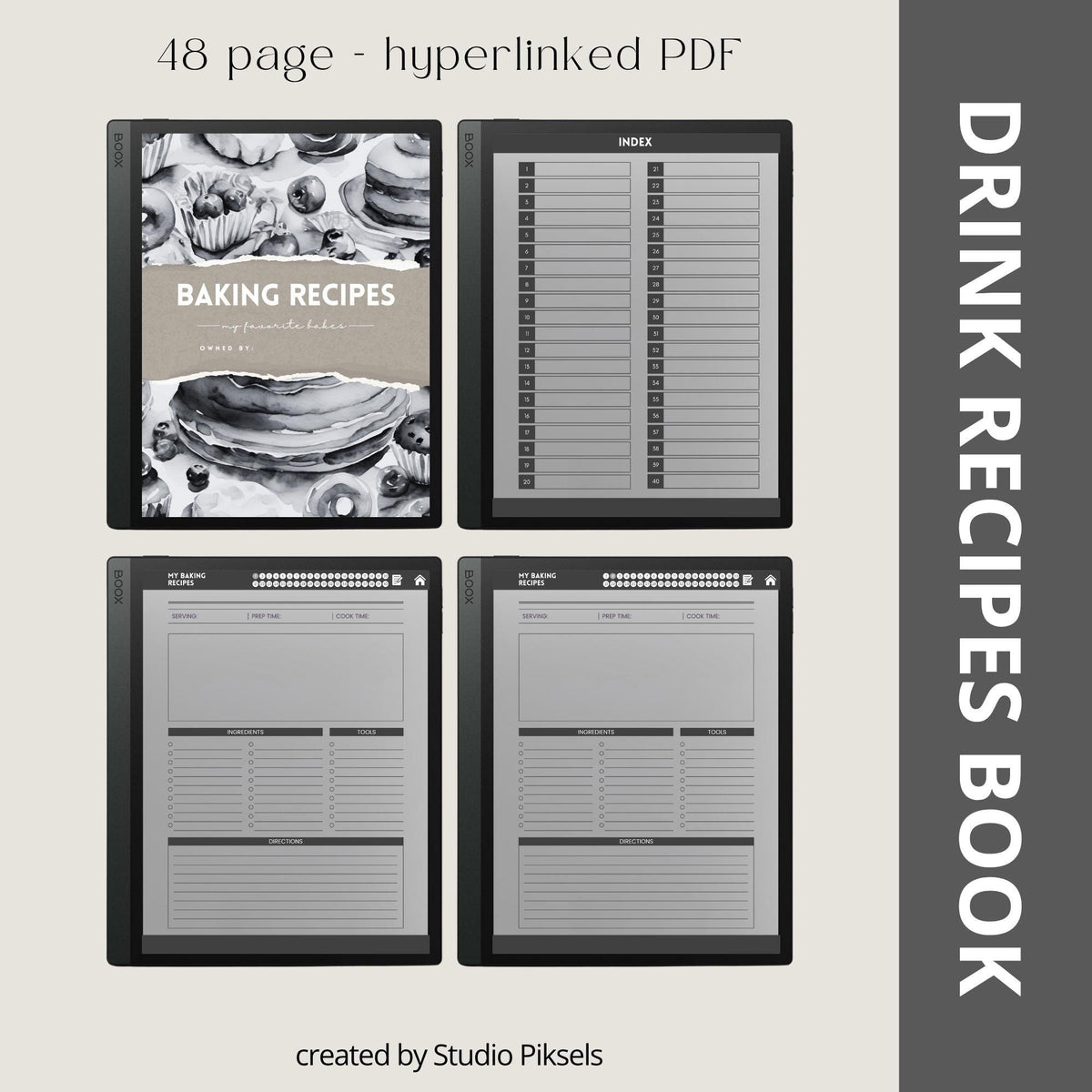 Recipe Book Collection for BOOX tablets with hyperlinked cooking, baking, and drink recipe pages in grayscale digital notebook layouts.