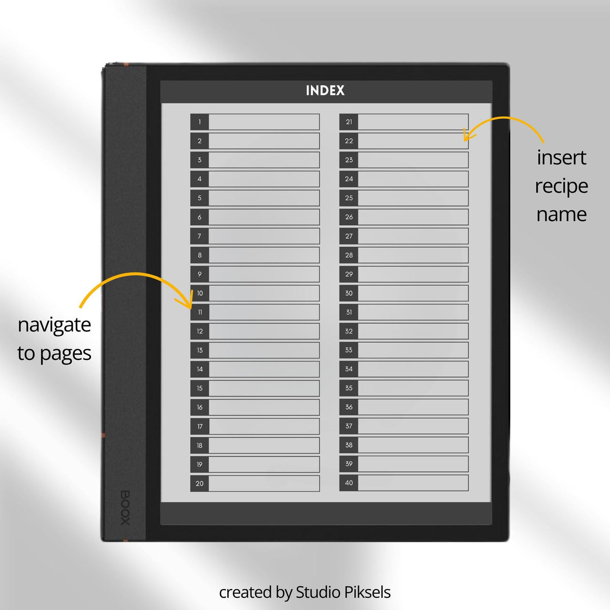 Recipe Book Collection for BOOX tablets with hyperlinked cooking, baking, and drink recipe pages in grayscale digital notebook layouts.