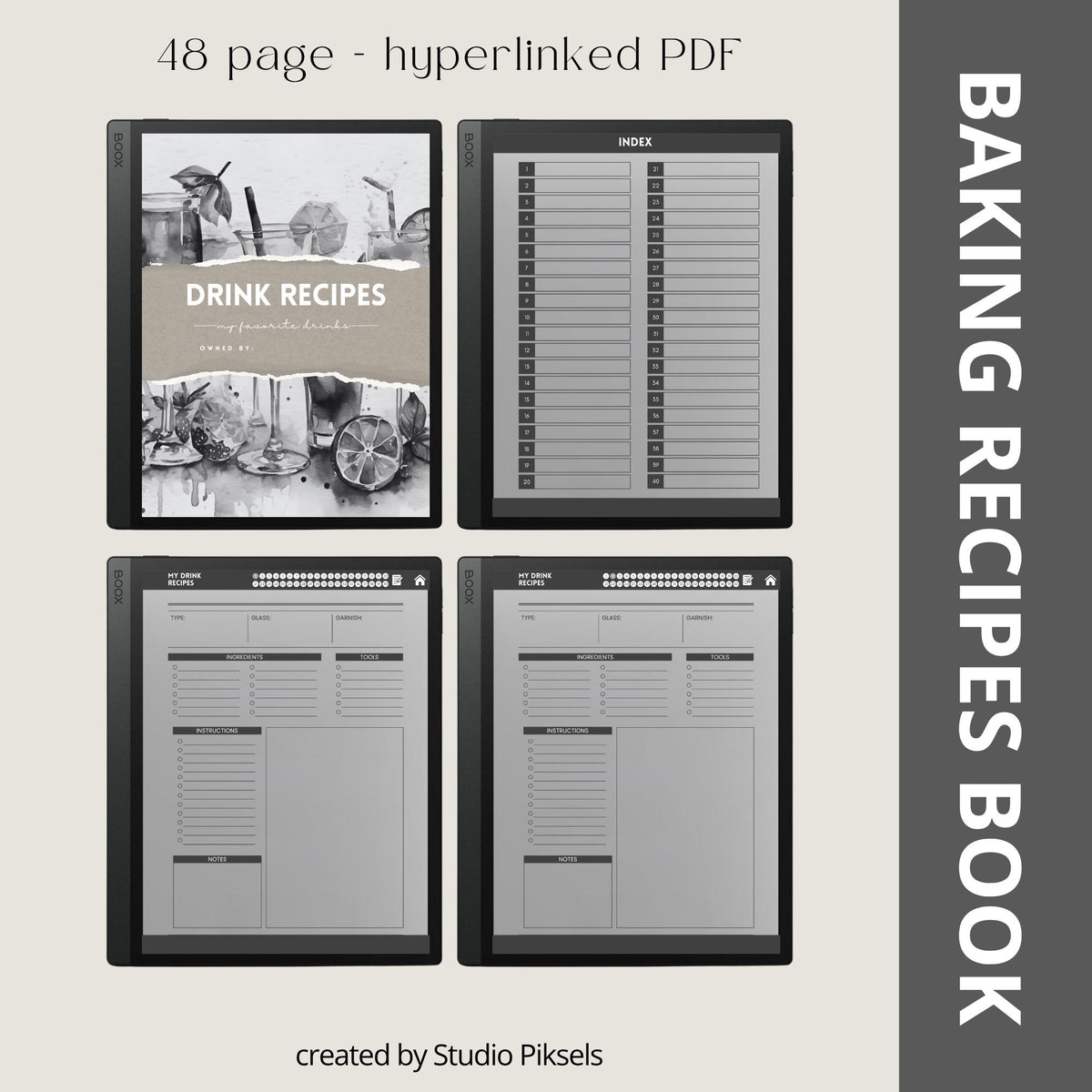 Recipe Book Collection for BOOX tablets with hyperlinked cooking, baking, and drink recipe pages in grayscale digital notebook layouts.