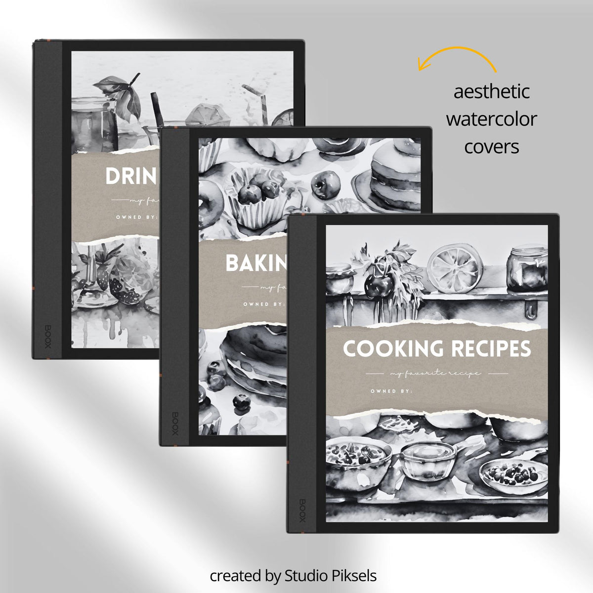 Recipe Book Collection for BOOX tablets with hyperlinked cooking, baking, and drink recipe pages in grayscale digital notebook layouts.