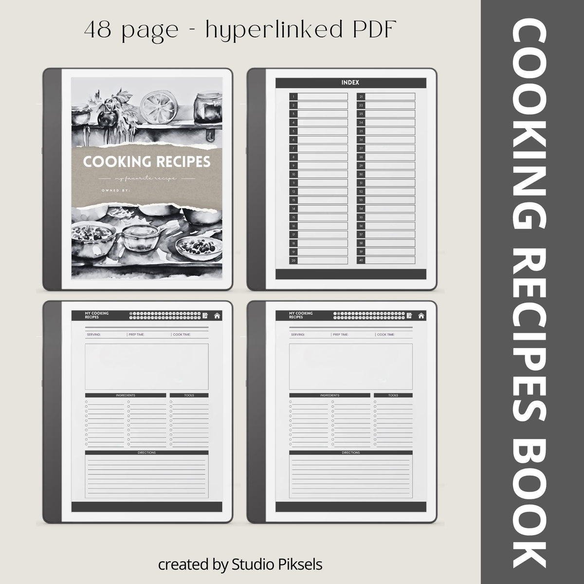 Hyperlinked Recipe Books Collection for Kindle Scribe featuring cooking, baking, and drink recipe templates with organized meal planning pages, recipe trackers, and digital cookbook layouts.