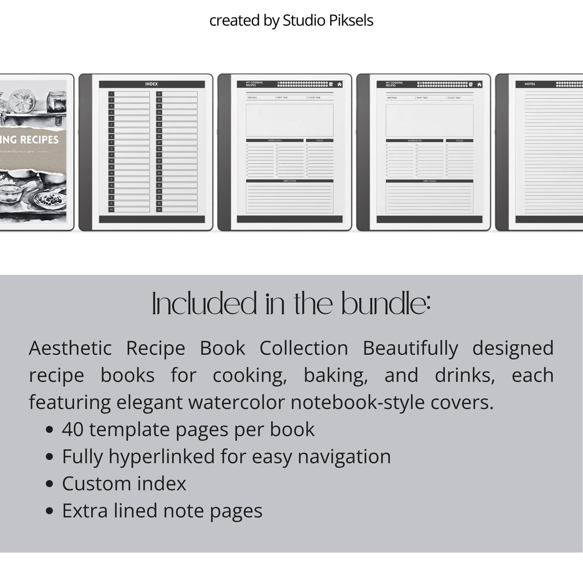 Hyperlinked Recipe Books Collection for Kindle Scribe featuring cooking, baking, and drink recipe templates with organized meal planning pages, recipe trackers, and digital cookbook layouts.