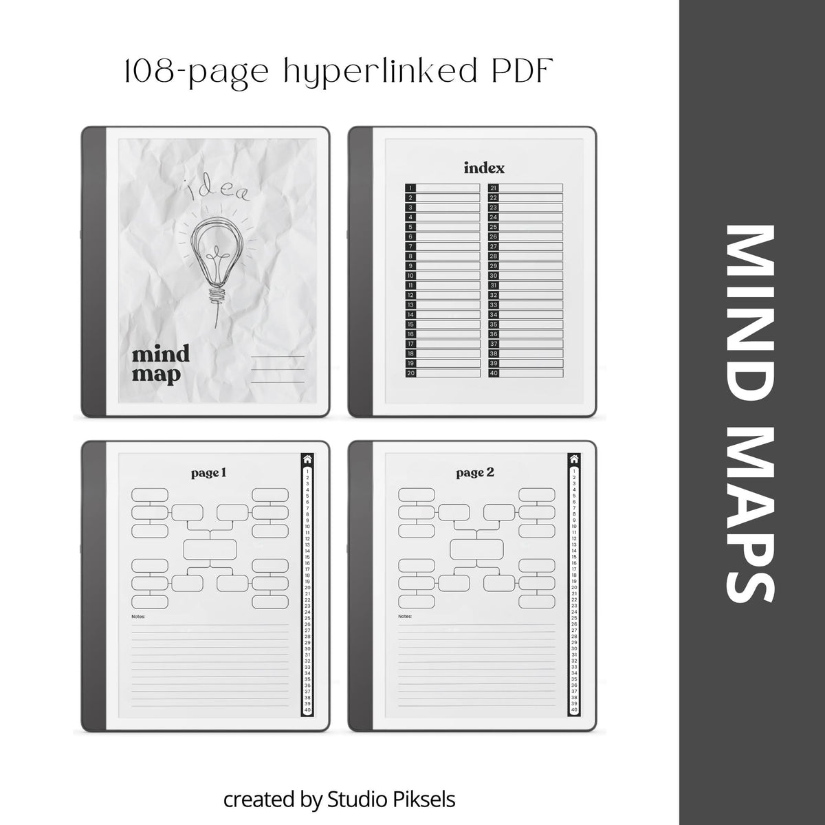 Mind Maps Bundle for Kindle Scribe with hyperlinked brainstorming notebooks, visual planning templates, and grayscale mind mapping layouts.