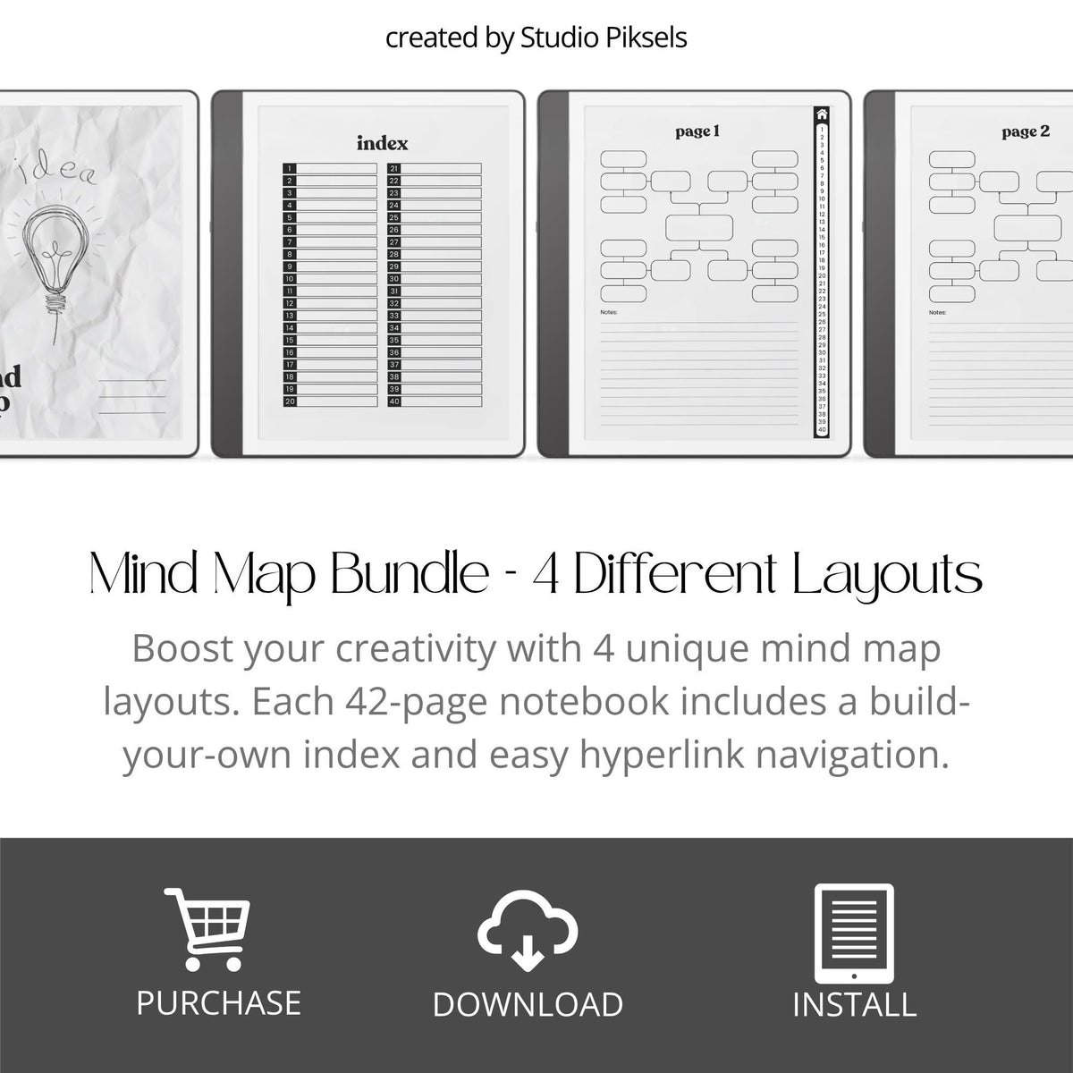 Mind Maps Bundle for Kindle Scribe with hyperlinked brainstorming notebooks, visual planning templates, and grayscale mind mapping layouts.