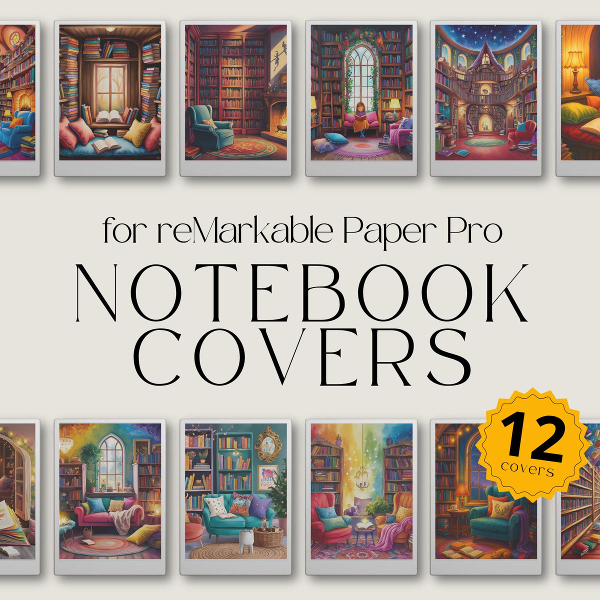 Cozy notebook cover bundle for the reMarkable Paper Pro featuring 12 bookish and library digital covers, illustration art, and file organization layouts.