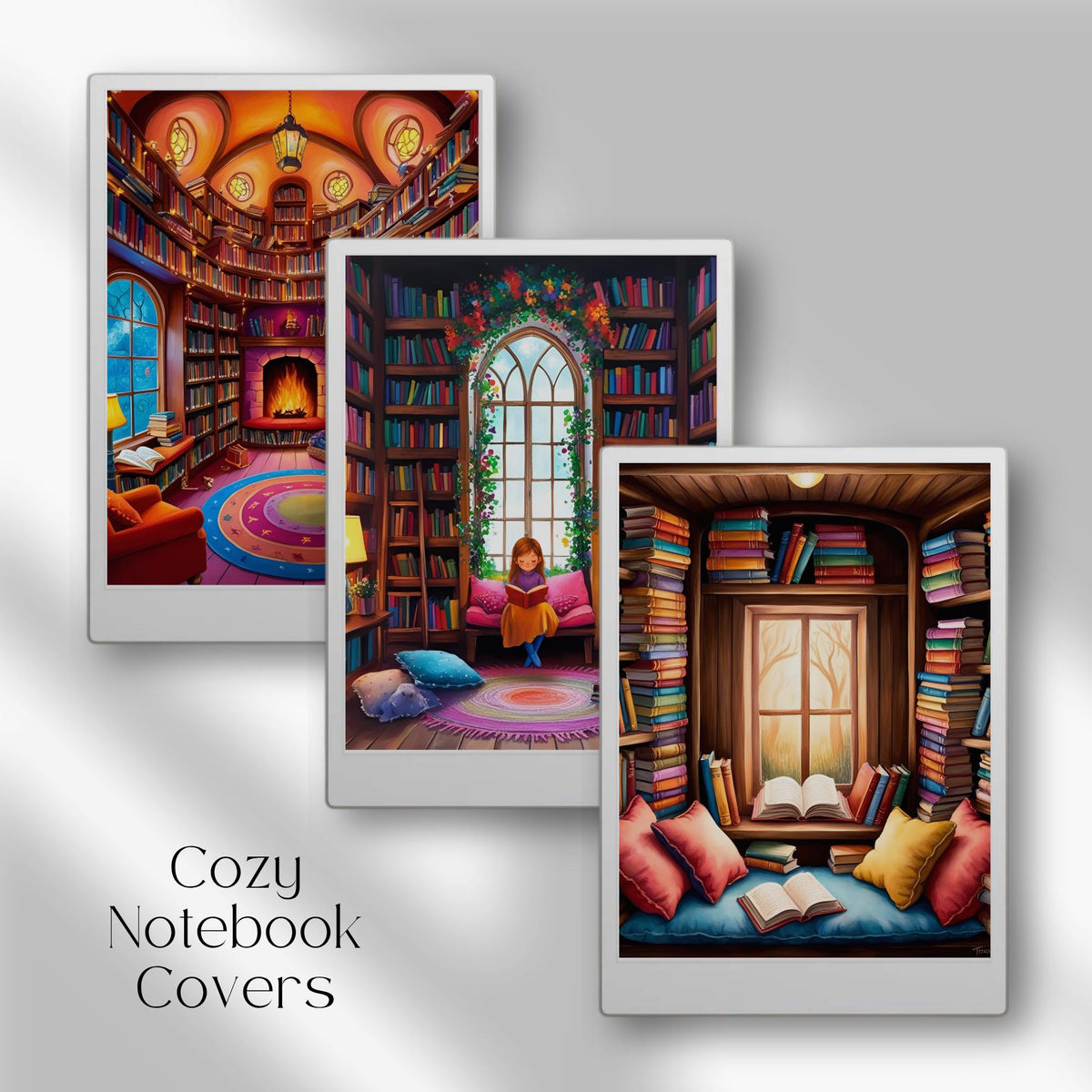 Cozy notebook cover bundle for the reMarkable Paper Pro featuring 12 bookish and library digital covers, illustration art, and file organization layouts.