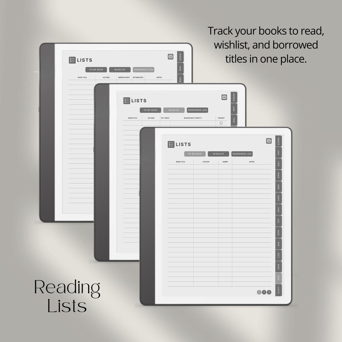 Hyperlinked Reading Planner for Kindle Scribe featuring monthly reading trackers, yearly reading goals, book reflection pages, and organized reading lists.