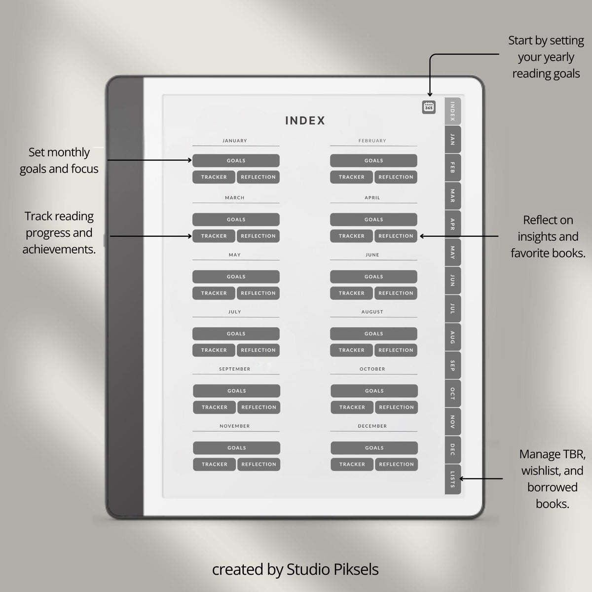 Hyperlinked Reading Planner for Kindle Scribe featuring monthly reading trackers, yearly reading goals, book reflection pages, and organized reading lists.