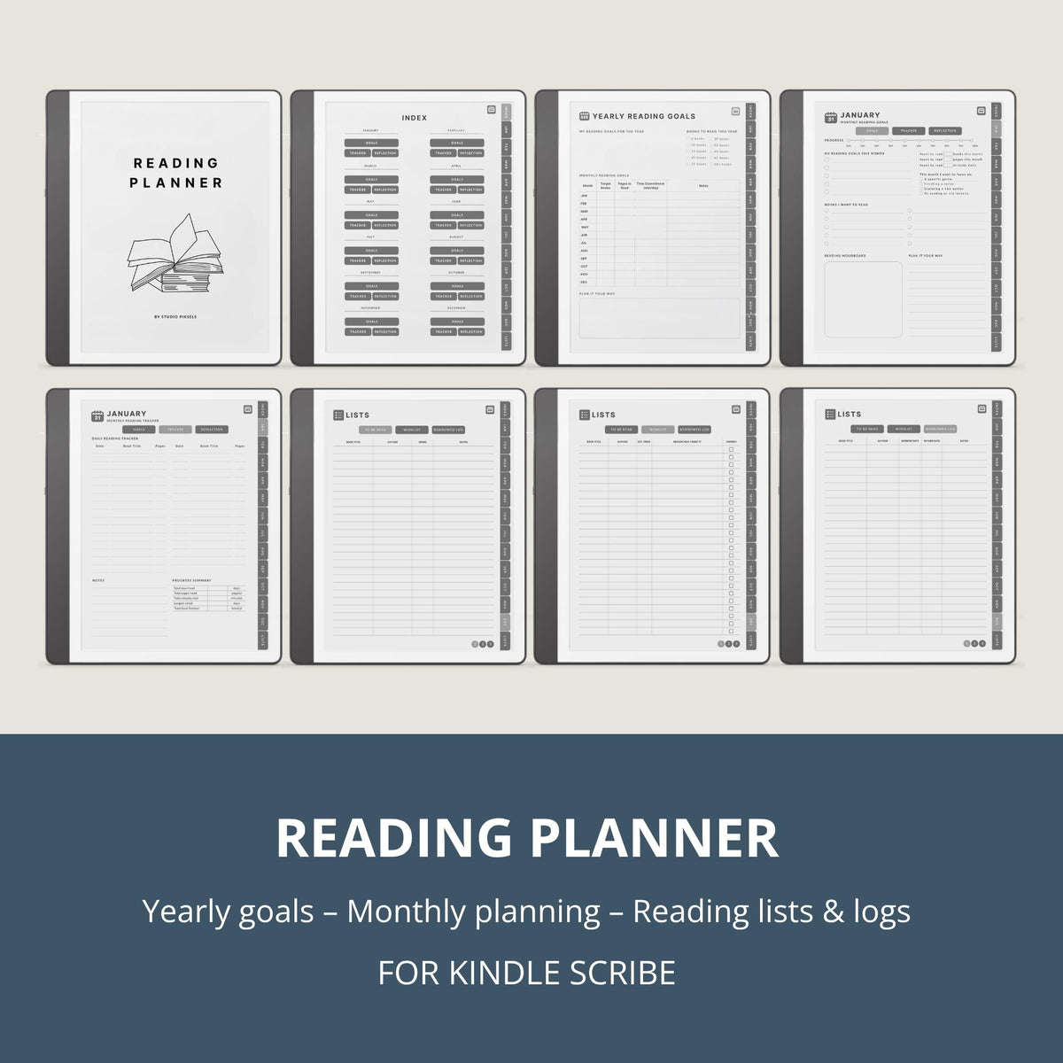 Hyperlinked Reading Planner for Kindle Scribe featuring monthly reading trackers, yearly reading goals, book reflection pages, and organized reading lists.