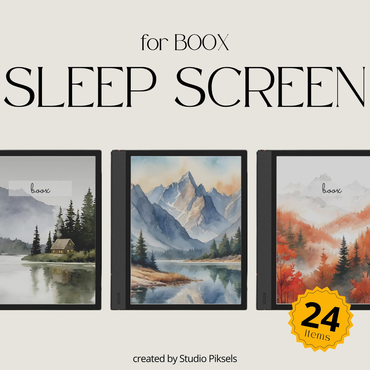 BOOX Sleep Screen Bundle with 24 watercolor nature-inspired screensavers featuring mountains, forests, and lakes for BOOX E Ink devices
