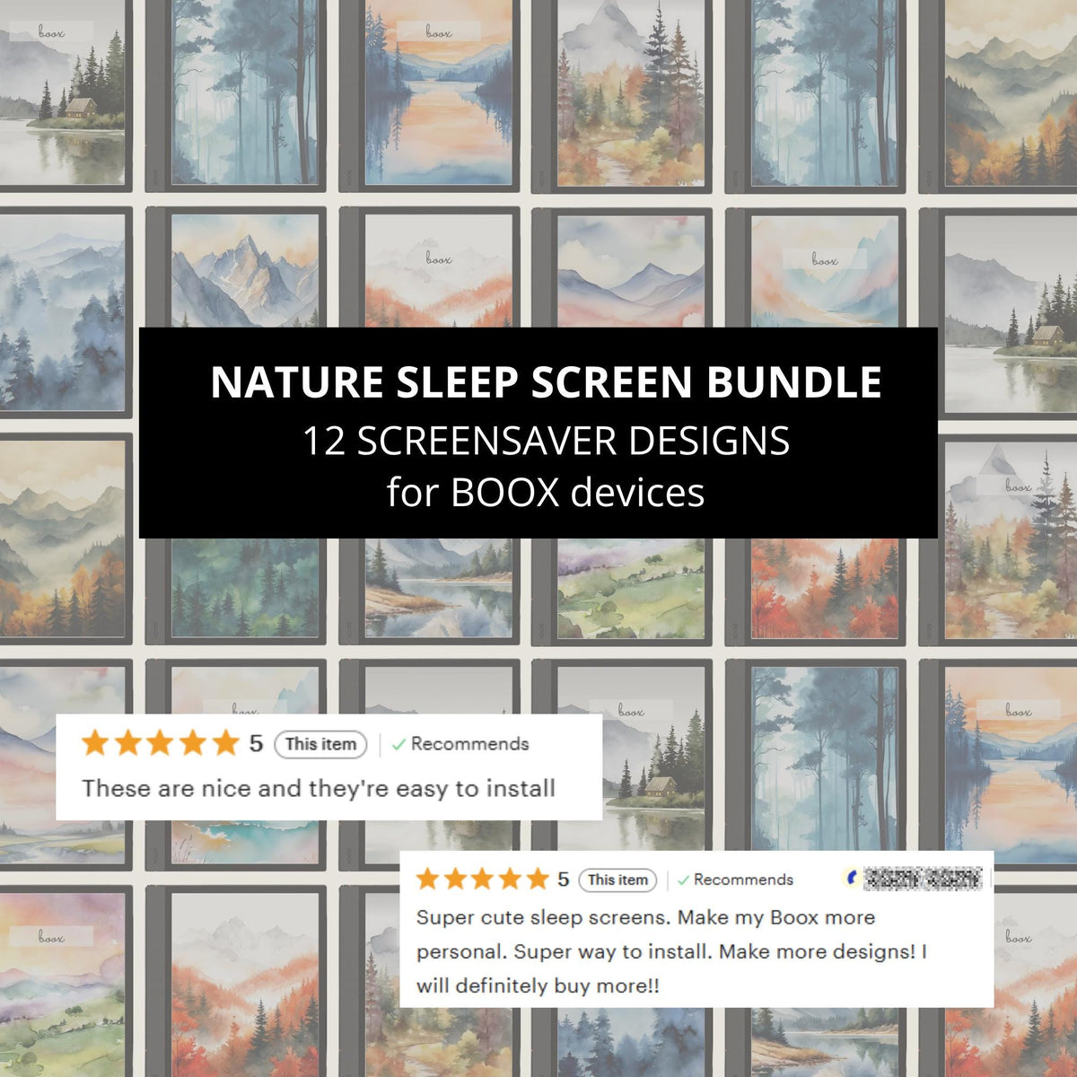 BOOX Sleep Screen Bundle with 24 watercolor nature-inspired screensavers featuring mountains, forests, and lakes for BOOX E Ink devices