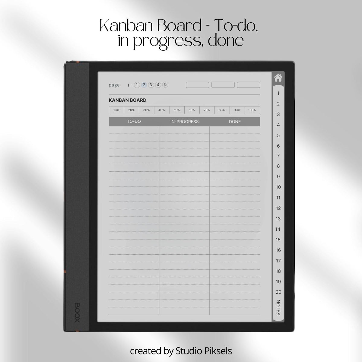 Hyperlinked Project Planner for BOOX with Kanban boards, project timeline pages, priority matrix layouts, and digital productivity tools.
