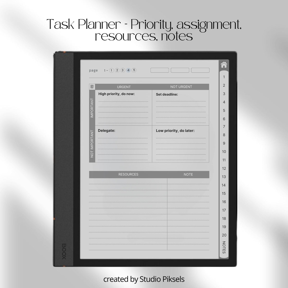 Hyperlinked Project Planner for BOOX with Kanban boards, project timeline pages, priority matrix layouts, and digital productivity tools.