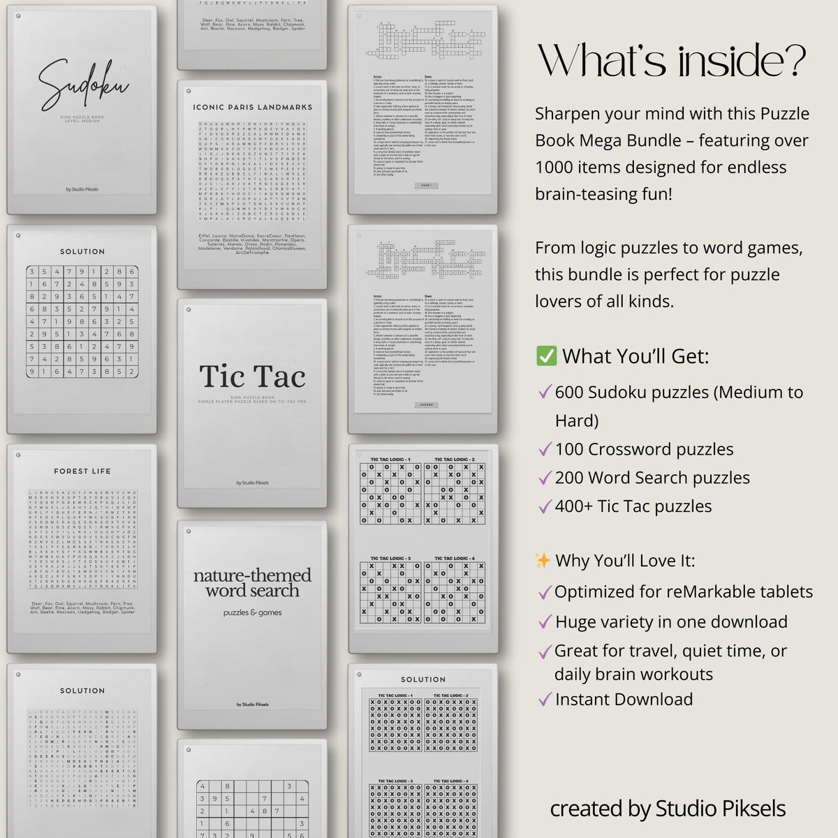 Mega Puzzle Book Bundle for reMarkable featuring a comprehensive collection of 1000+ puzzles across multiple categories, perfect for mental fitness.