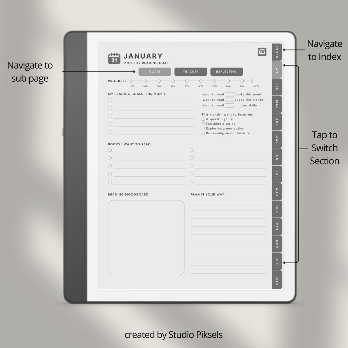 Hyperlinked Reading Planner for Kindle Scribe featuring monthly reading trackers, yearly reading goals, book reflection pages, and organized reading lists.