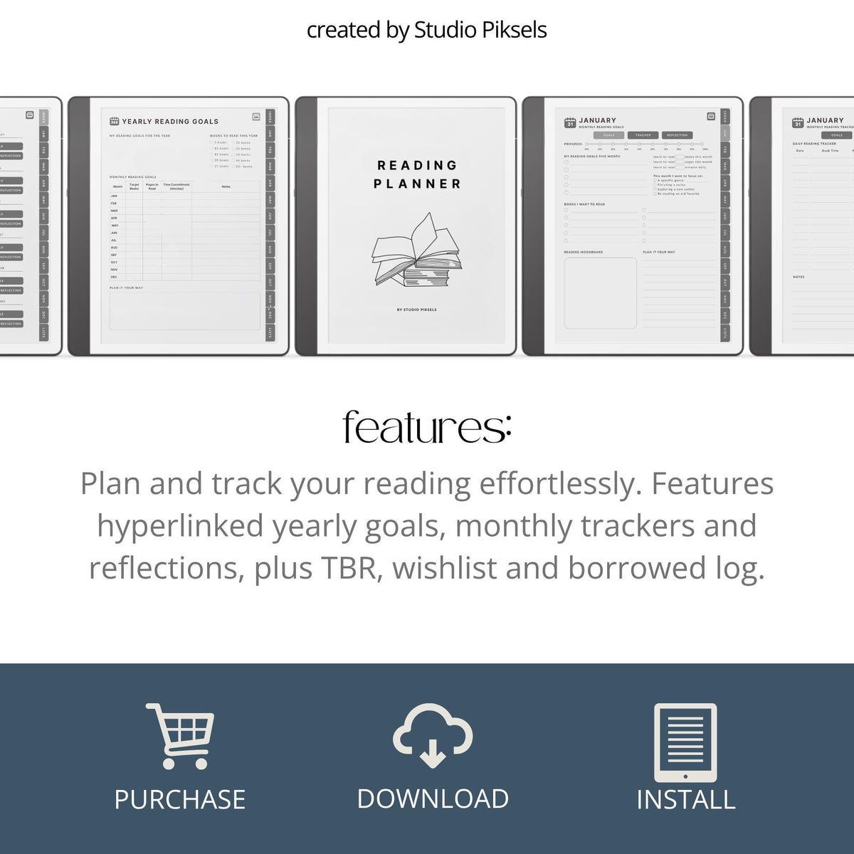Hyperlinked Reading Planner for Kindle Scribe featuring monthly reading trackers, yearly reading goals, book reflection pages, and organized reading lists.