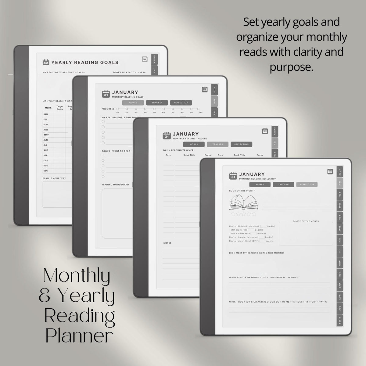 Hyperlinked Reading Planner for Kindle Scribe featuring monthly reading trackers, yearly reading goals, book reflection pages, and organized reading lists.