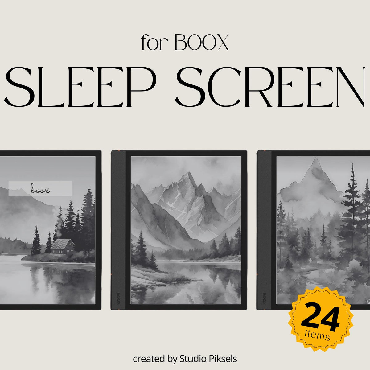 BOOX Sleep Screen Bundle with 24 grayscale nature-inspired screensavers featuring landscape artwork for BOOX E Ink devices 